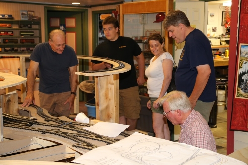 Discussion on the new layout at the CLRC Club Ambassadors to Lionel Open House July 9 2016  Chicagoland Lionel Railroad Club Lionel Club Ambassador Open House July 9 2016 discusses the progress on the new layout