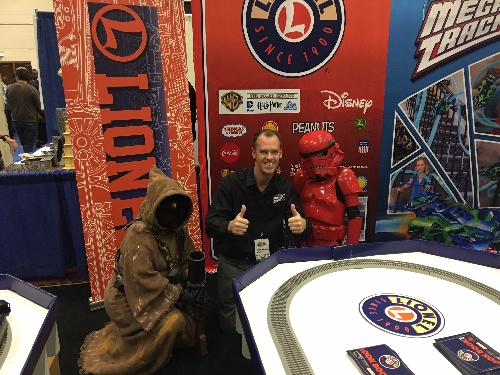 Star Wars Characters visiting the Lionel display booth set up at the Chicago Toy  Game Week are discovered by Lionel Team Member