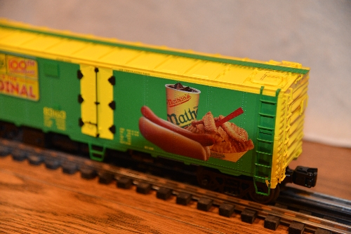 NLOE Nathans 100yrs Anniversary Reefer 83163 6-58266 shows the Hot Dog meal in the review by Lionel Club Ambassador New Jersey Hi-Railers Lionel Club Ambassador New Jersey Hi-Railers shows the Hot Dog meal on the 6-58266 NLOE Nathans 100yrs Anniversary Reefer 83163