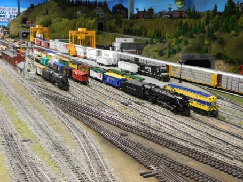 View of the model trains in the rail yard on the layout at the October 2016 Open House held by the Nassau Lionel Operating Engineers Lionel Club Ambassador