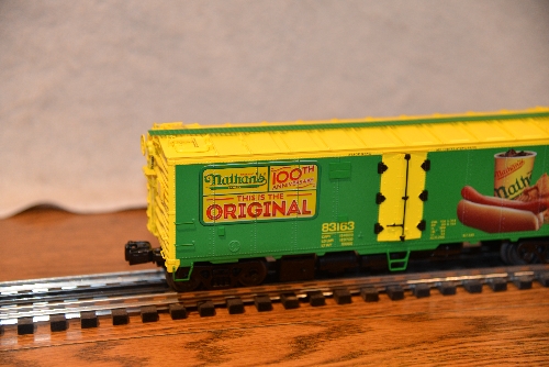 NLOE Nathans 100yrs Anniversary Reefer 83163 6-58266 Company Logo view by Lionel Club Ambassador New Jersey Hi-Railers Lionel Club Ambassador New Jersey Hi-Railers Company Logo view of the 6-58266 NLOE Nathans 100yrs Anniversary Reefer 83163