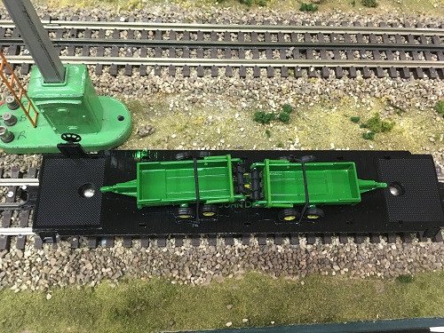 Top view of the John Deere Flatcar with 2 John Deere spreaders 6-83238  reviewed by The Wichita Toy Train Club a Lionel Club Ambassador