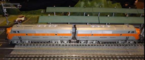 The QCHR Lionel Club Ambassador show the pair of Western Pacific F3 locomotives on the layout for their product review Club Ambassador in their product review