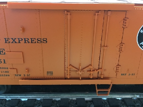 Showing PFE Steel-sided Refrigerator Car 6-27372 hinged and plug door in the NLOE Lionel Club Ambassadors product review In the product review by NLOE Lionel Club Ambassadors the image shows the Pacific Fruit Express Steel-sided Refrigerator Car 6-27372 with combination door hinged and plug door