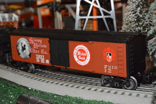 The Sleepy Hollow Halloween Reefer 6-15094 shows an angle view by the TTOS  Southern Pacific Division a Lionel Club Ambassador