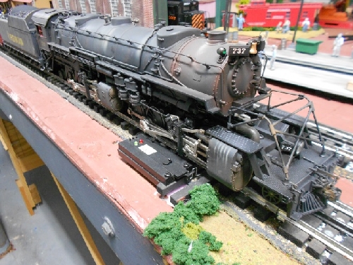 The TMB Model Train Club Lionel Club Ambassador front end photo of Lionels Weathered Virginian LEGACY USRA 2-8-8-2 Y-3 Steam Locomotive 6-82486 from the product review The front end of Lionels Weathered Virginian LEGACY USRA 2-8-8-2 Y-3 Steam Locomotive 6-82486 in the TMB Model Train Club Lionel Club Ambassador product review